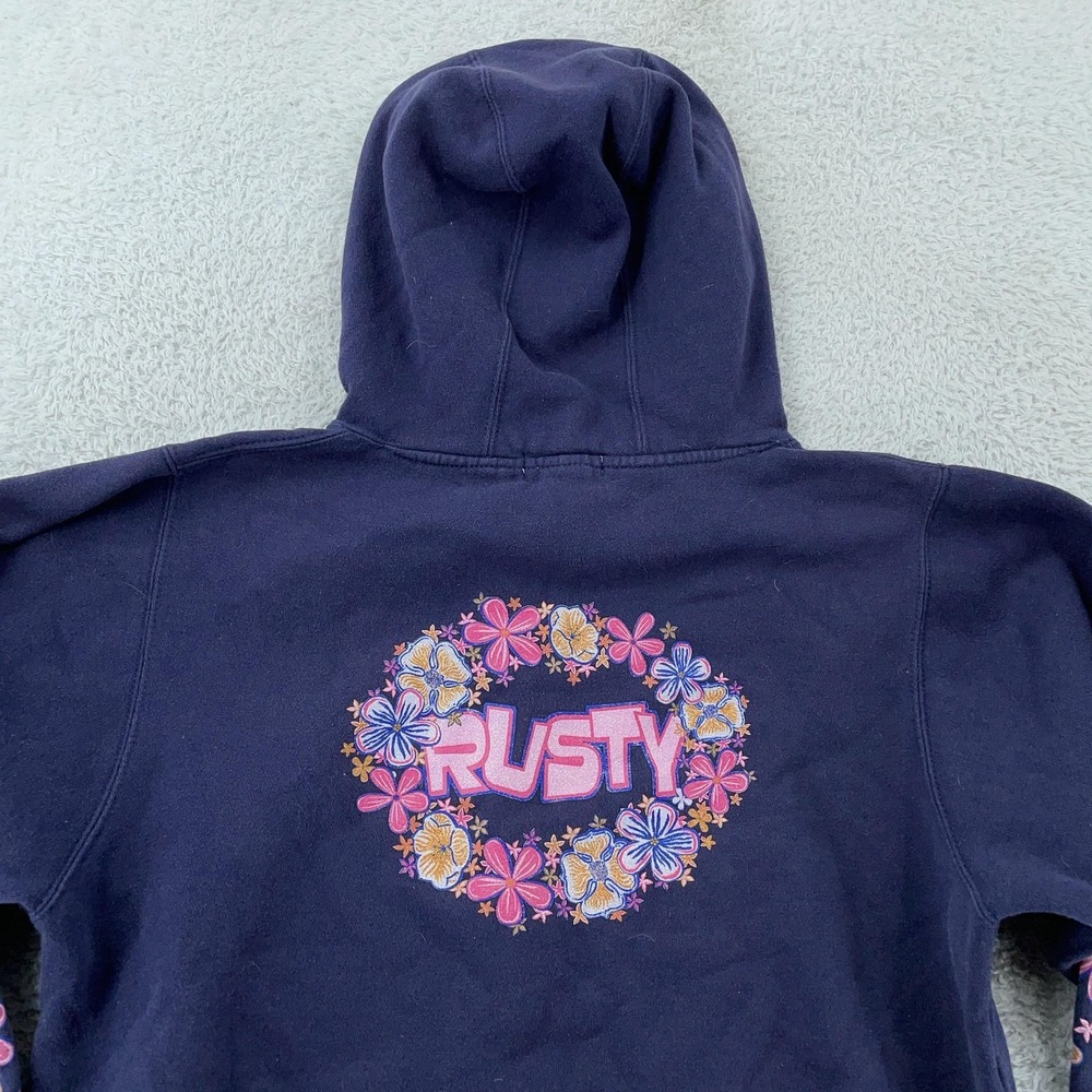 Vtg Rusty Surf Hoodie Womens Small Navy Blue‎ Floral Graphic Pullover Skatewear